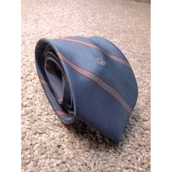 Christian Dior Mens Striped Silk Blend Necktie Blue Red White Logo Made in USA - Picture 1 of 5